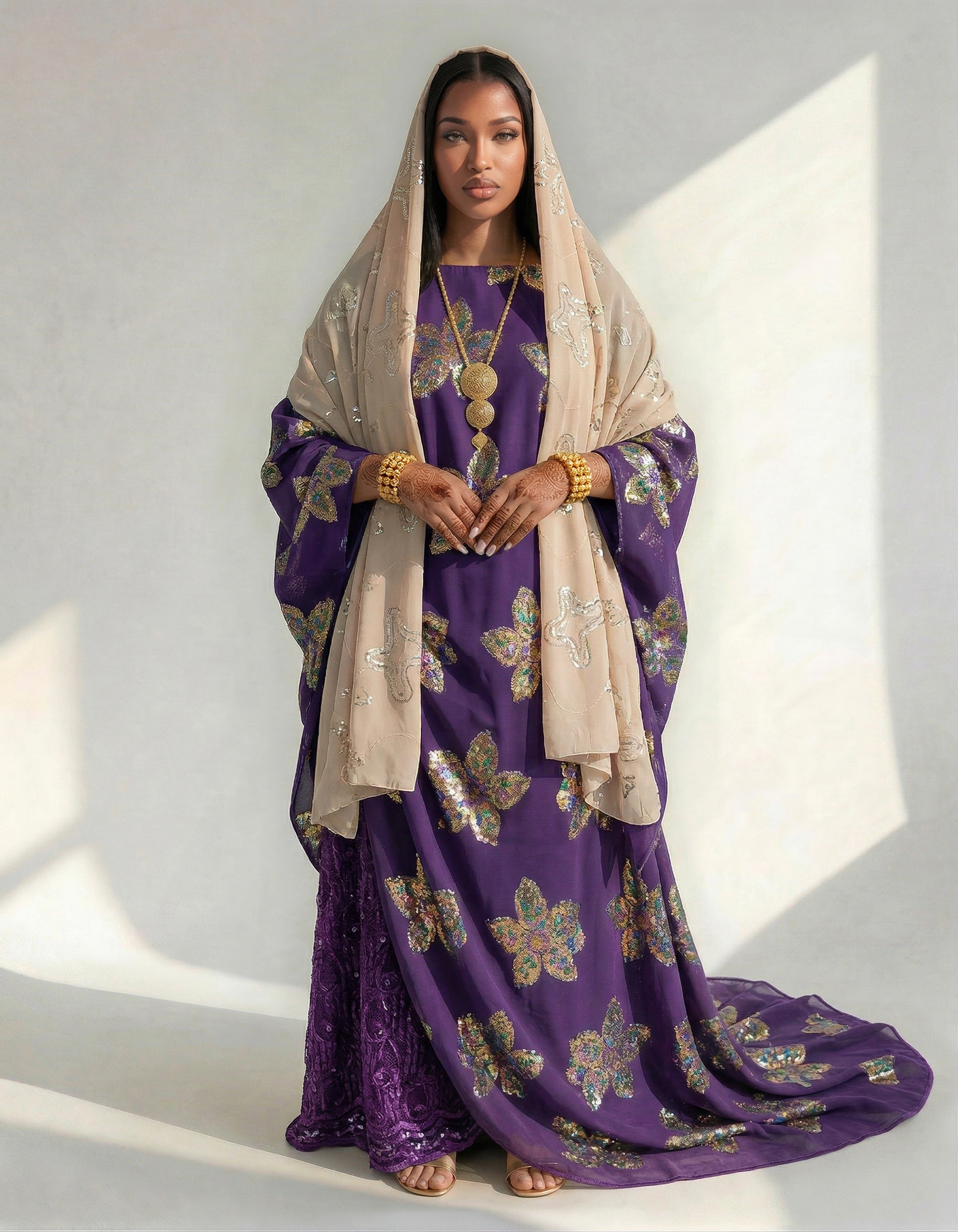 The Amira Peach & Royal Purple Bac Wayne Dirac Set (Modern Francawi Fabric)