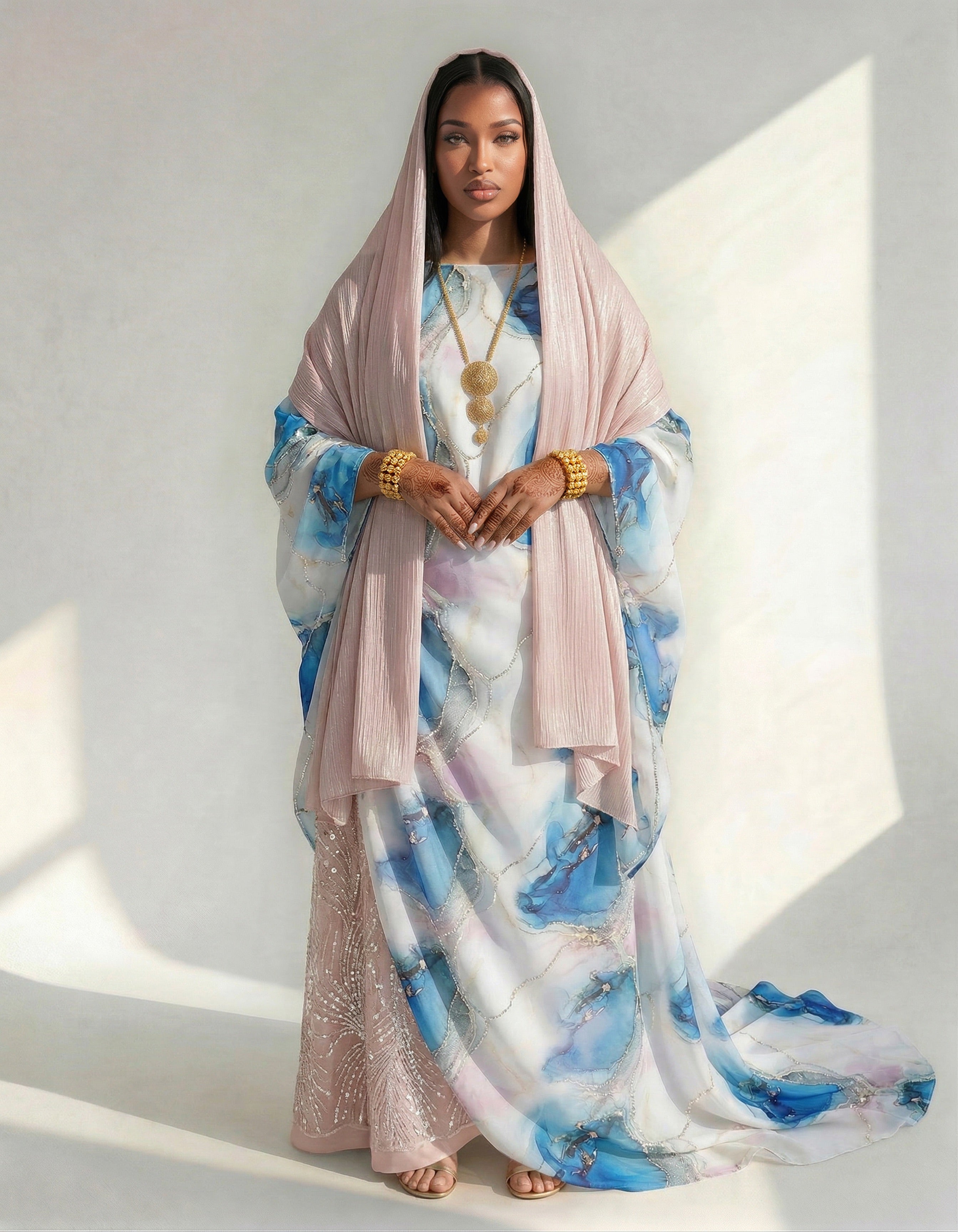 Soraya Royal Floral Somali Half - Bac Dirac Set in Pearl & Azure (Premium Italian Collection)