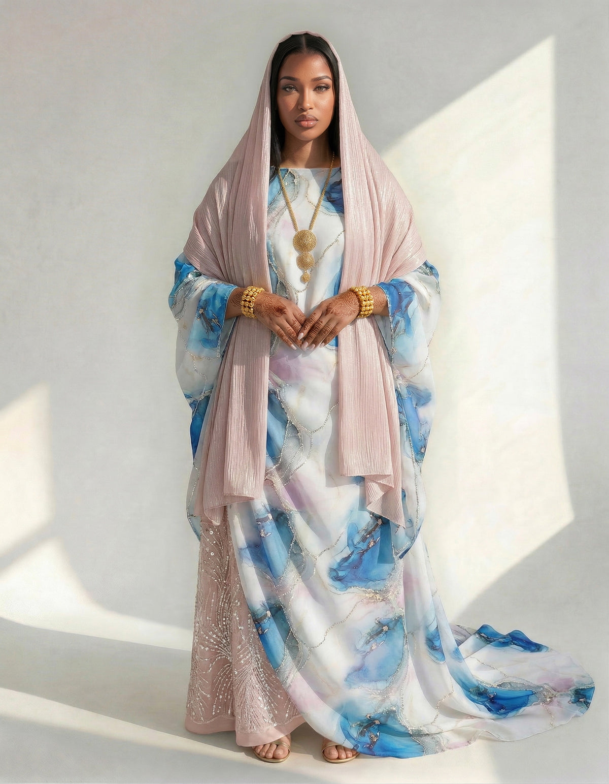 Soraya Royal Floral Somali Half - Bac Dirac Set in Pearl & Azure (Premium Italian Collection)