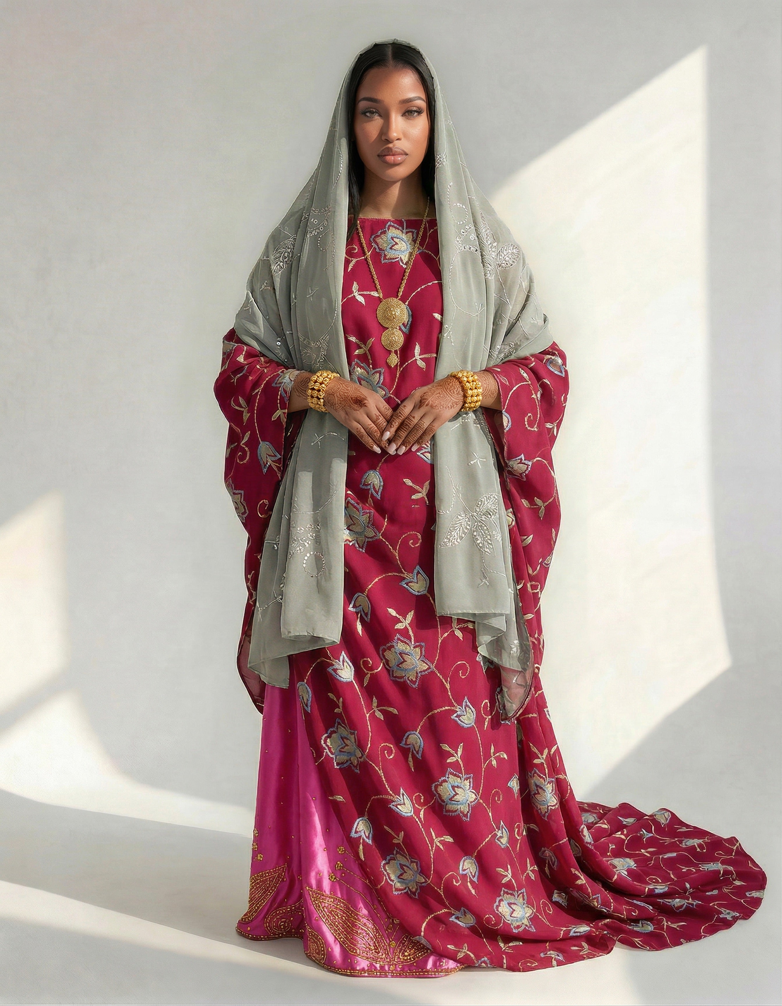 Hanaa Stone-Embellished Cerise & Azure Bac Wayne Dirac Set (Stone Fabric Collection)