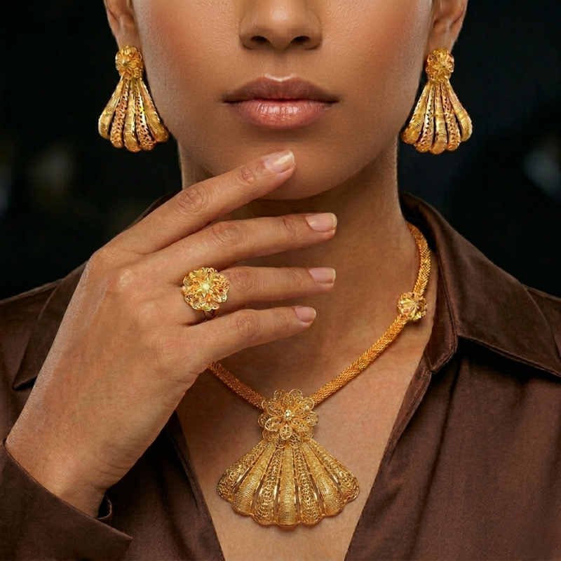 The Engraved Shell Set (Gold Plated Necklace & Earrings Duo)